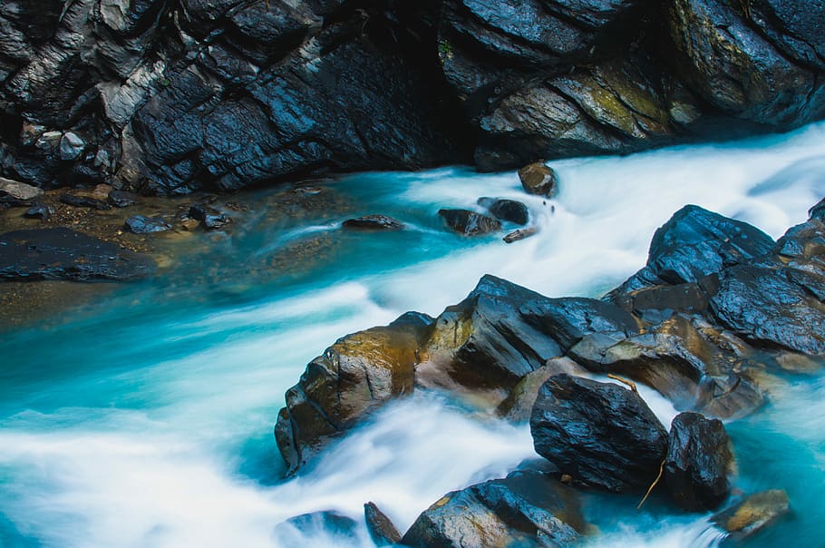 time lapse photography of river, blue water, mountain, rock, boulder HD wallpaper