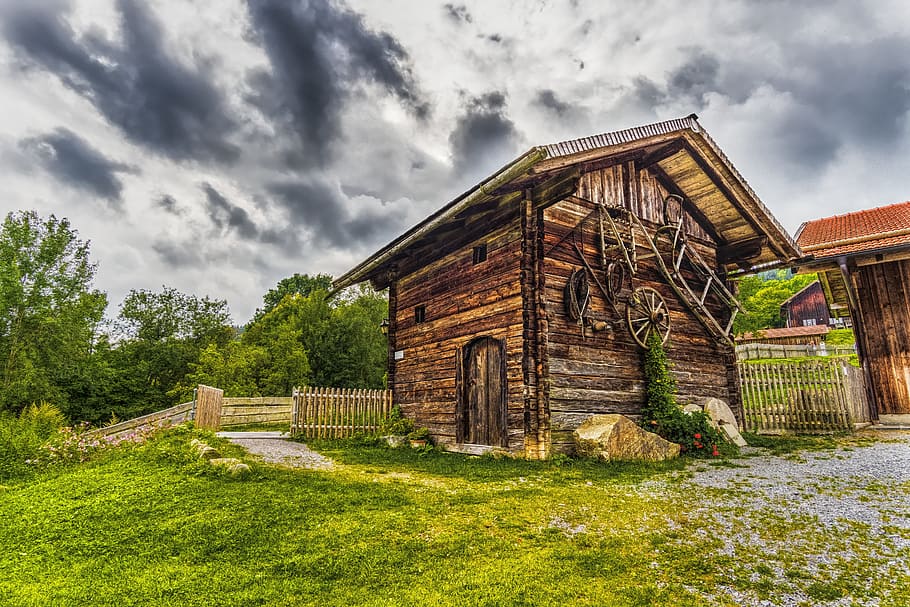 brown wood house far away from trees, hut, scale, alpine hut HD wallpaper