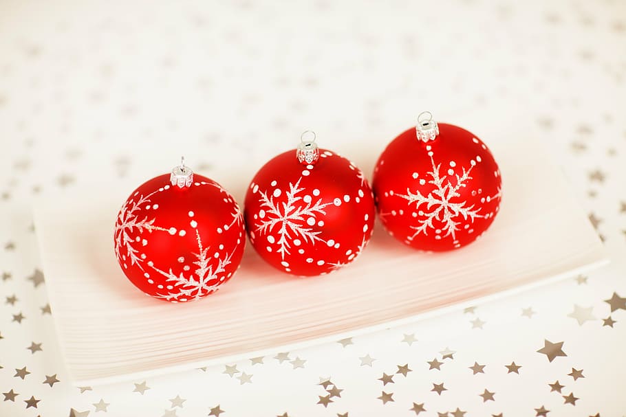 three round red-and-gray Christmas baubles, background, ball HD wallpaper