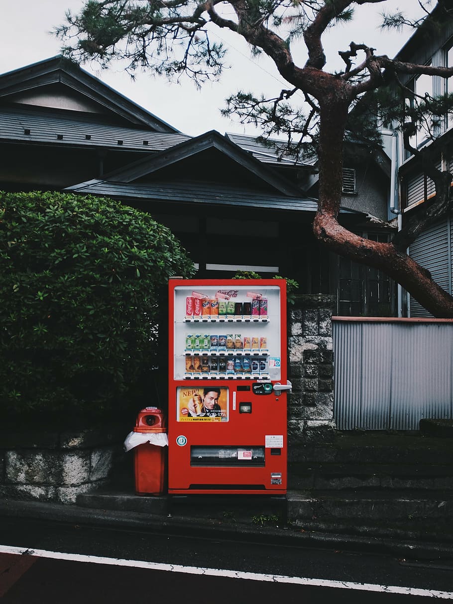red beverage vending machine on side walk, black, tree, near HD wallpaper