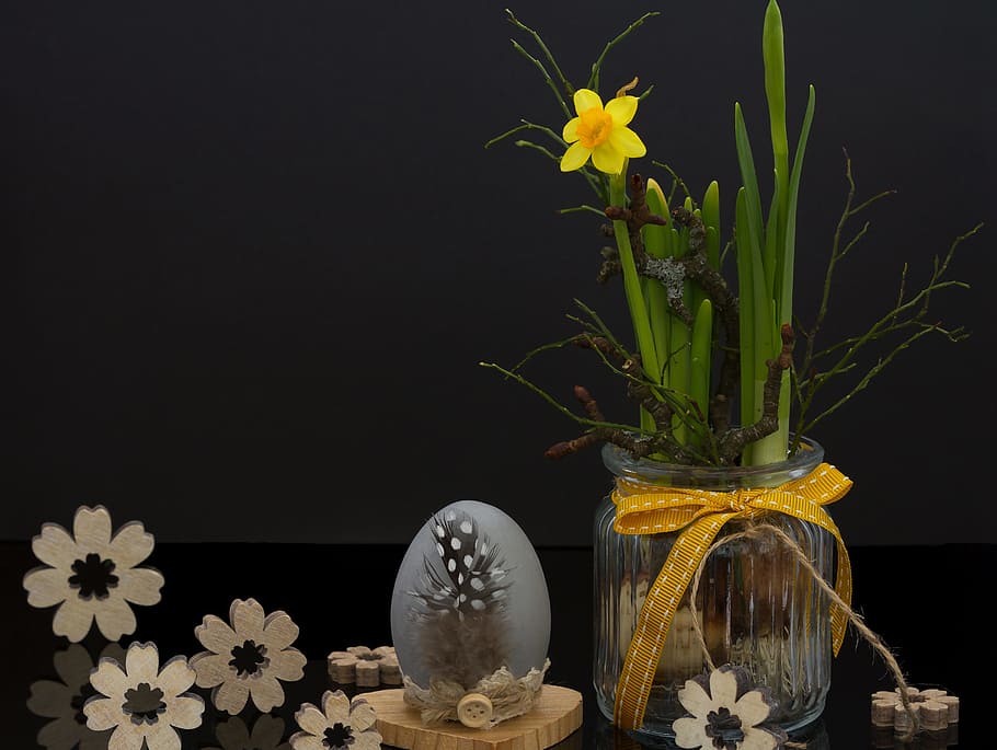 yellow daffodil and clear glass vase, easter, egg, flower, snowflake HD wallpaper