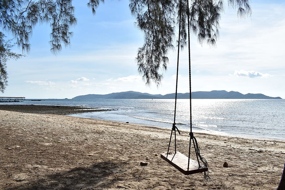 black swing chair on tree, Beach, Island, Tour, sky, the island, HD wallpaper