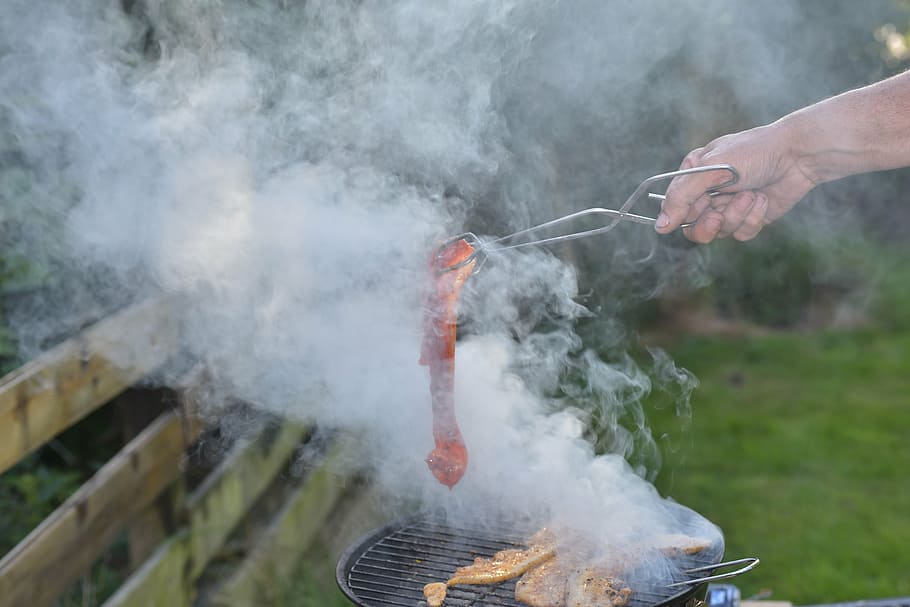 barbecue, meat, hand, smoke, warm, fire, grill, grilling, delicious HD wallpaper