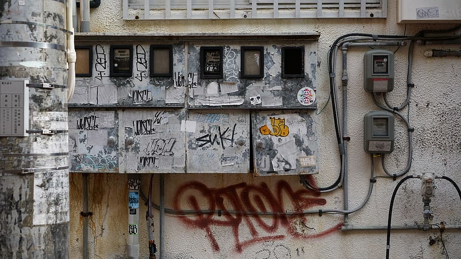 graffiti, skyline, electric cable, art, background, pattern HD wallpaper