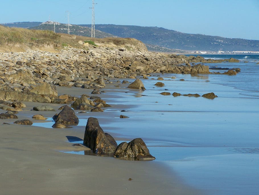 Shore, Beach, Rocks, Sea, costa, blue, the botero beach, barbate HD wallpaper