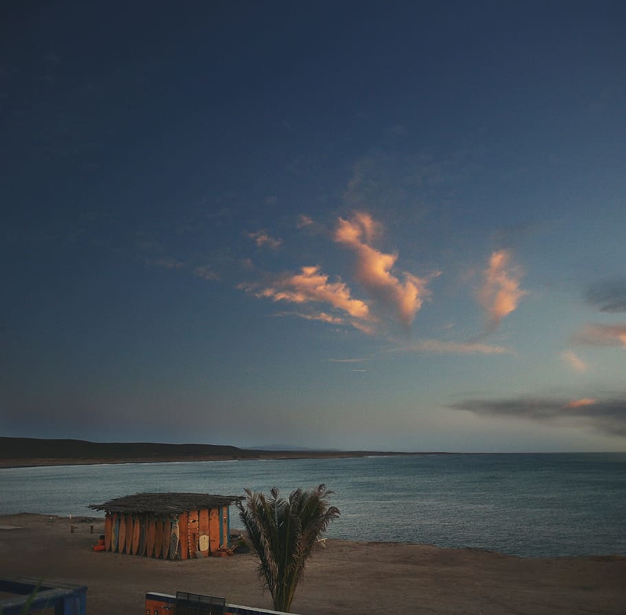 beach, sand, shore, ocean, sea, sunset, dusk, sky, clouds, hut HD wallpaper