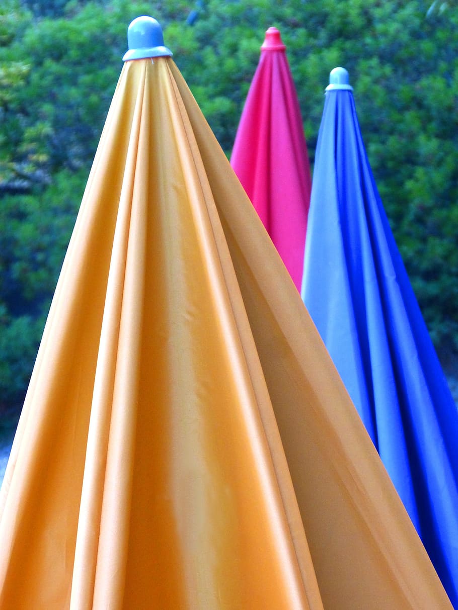umbrellas, shade, colors, composition, no people, blue, close-up HD wallpaper