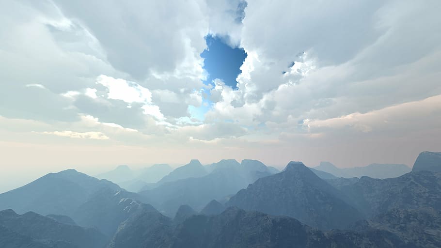 black and gray mountains under white sky at daytime, digital art HD wallpaper