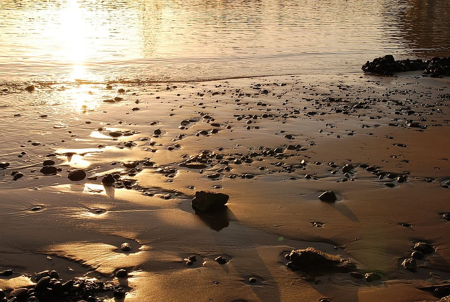 beach, sunset, sand, water, land, nature, high angle view, sea HD wallpaper
