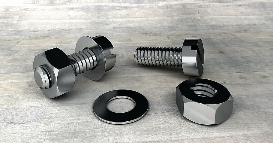 two gray bolts, screw, thread, technology, mother, metal, hexagon nut HD wallpaper