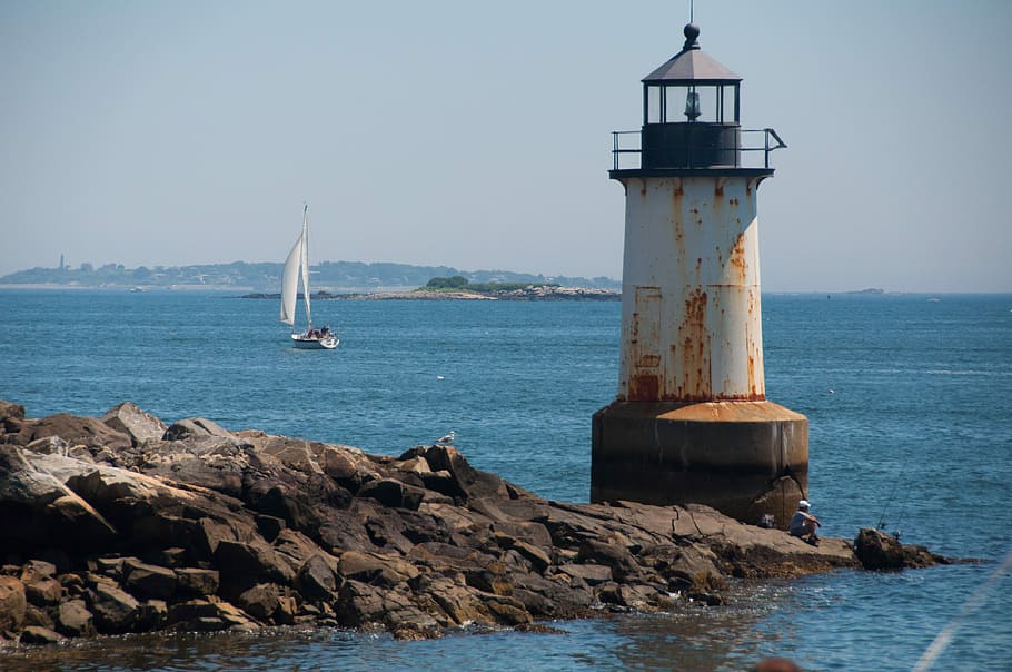 Lighthouse, Sea, Water, Ocean, Coast, travel, blue, sailboat HD wallpaper