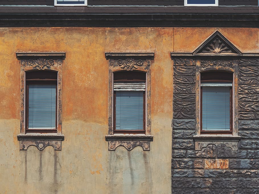 brown concrete building, closed brown and gray windows on brown concrete building HD wallpaper