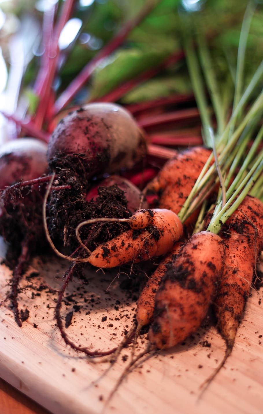 root crops on chopping board, carrots, garden, dirt, beets, veggies, HD wallpaper