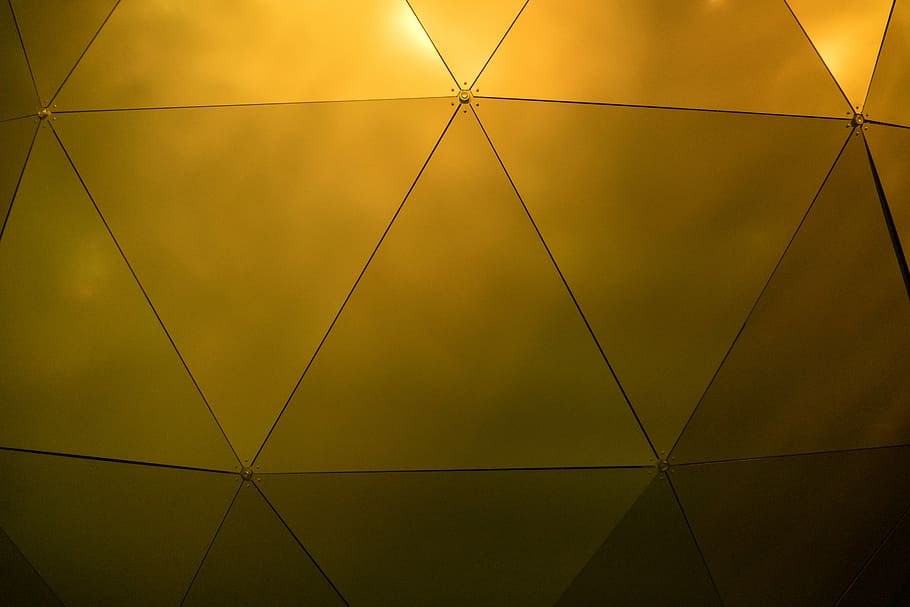 gold geodesic wall, yellow and black ceiling, triangle, architecture HD wallpaper