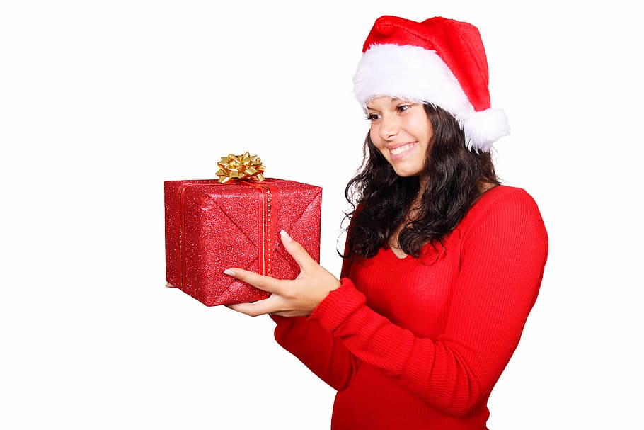 woman holding red gift box, christmas, claus, cute, female HD wallpaper