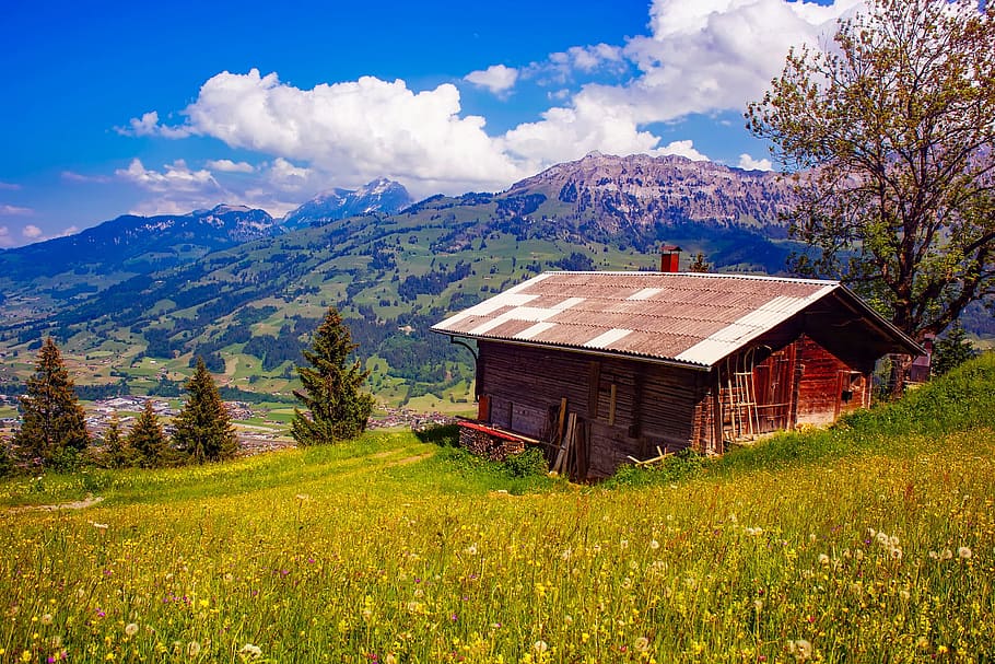 wood, landscape, mountains, sky, barn, building, cabin, clouds HD wallpaper