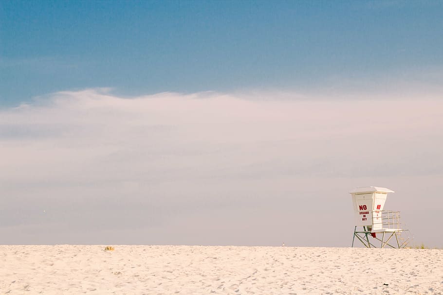 beach, clouds, lifeguard tower, sand, sky, nature, outdoors HD wallpaper