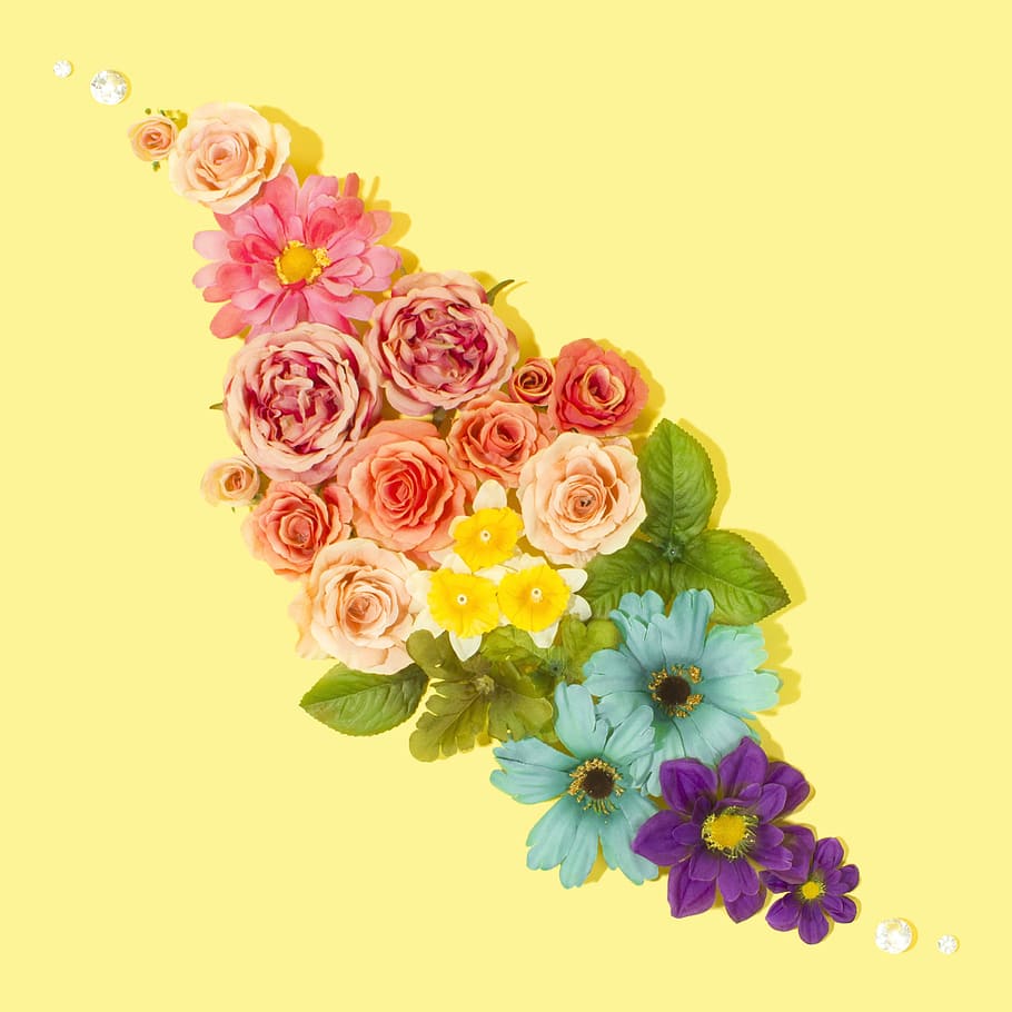 white, pink, purple, and green flowers wall decor, red and blue flower arrangement on yellow surface, HD wallpaper