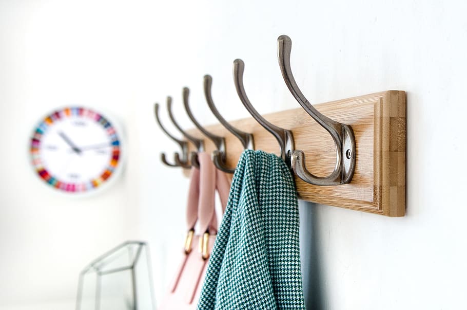 green textile on brown wooden framed peg shelf, Hook, Wall HD wallpaper