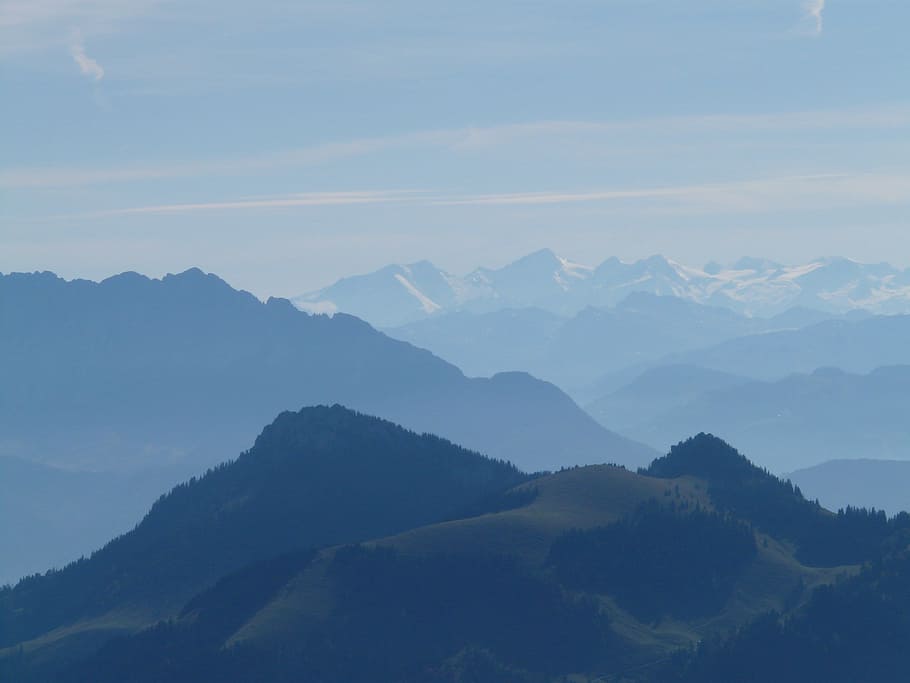 mountain ranges under blue sky, Back Light, Haze, mountains HD wallpaper