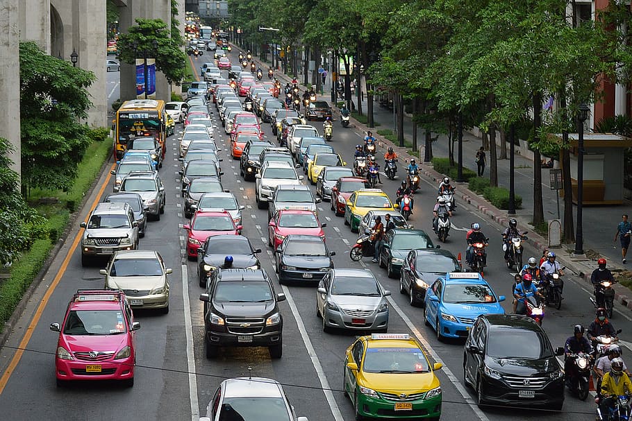 aerial photo of road with assorted cars, traffic, rush hour HD wallpaper