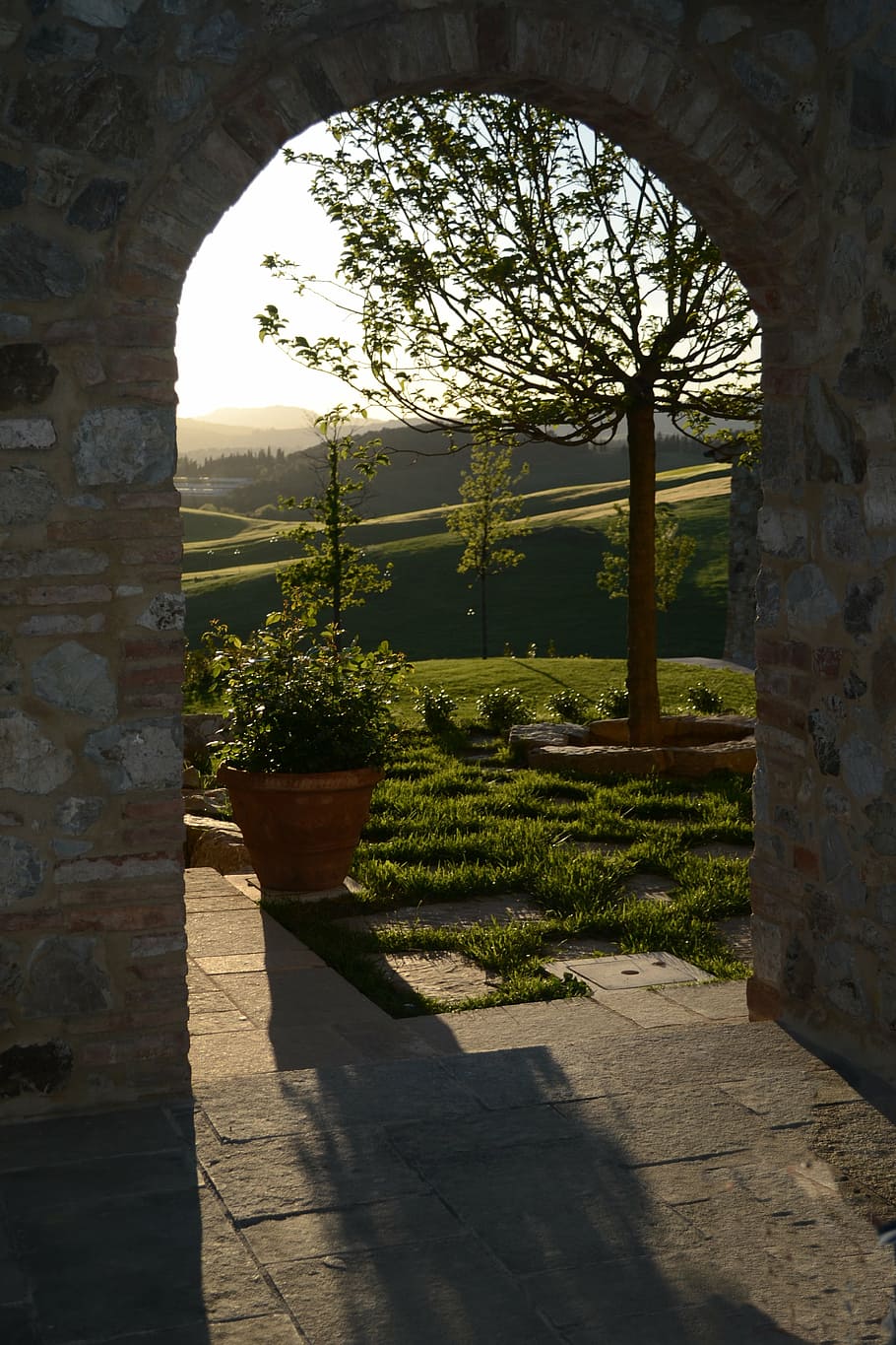 sunset, view, arch, italy, scene, plant, tree, nature, growth HD wallpaper