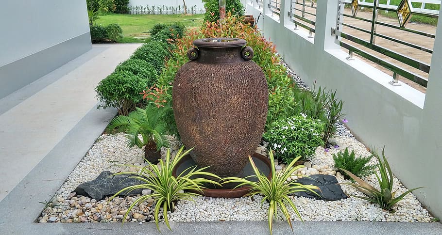 garden, design, layout, large, vase, water, feature, plant, HD wallpaper