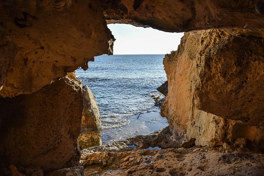 photo of body of water, cave, exit, geology, nature, sea, cavo greko HD wallpaper
