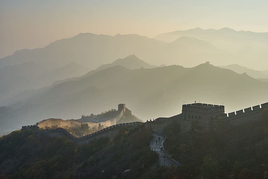 mountain, sunset, landscape, panoramic, china, great wall, border HD wallpaper