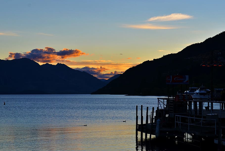 lake, sunset, landscape, mountain, pier, nature, scenics, outdoors HD wallpaper