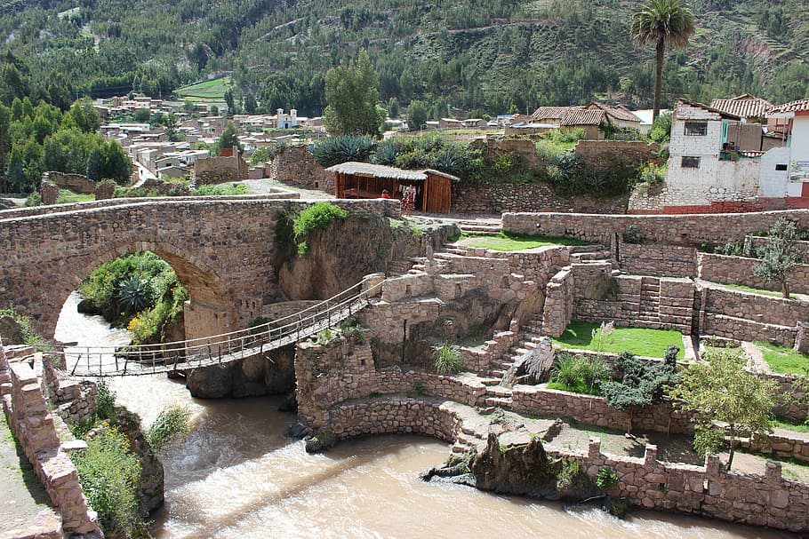 bird's-eye view photo of bridge near house, peru, mountains, machu, HD wallpaper