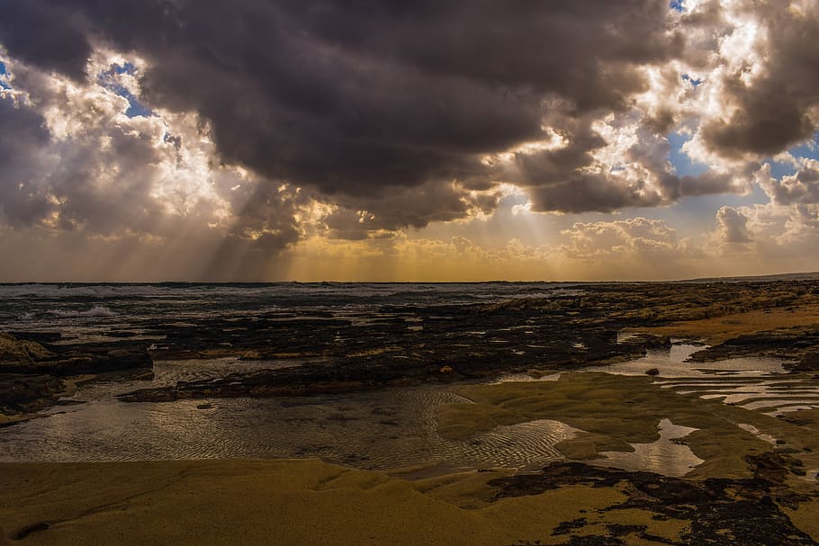 Sunset, Coast, Clouds, Sunlight, sky, sunbeam, nature, scenic HD wallpaper