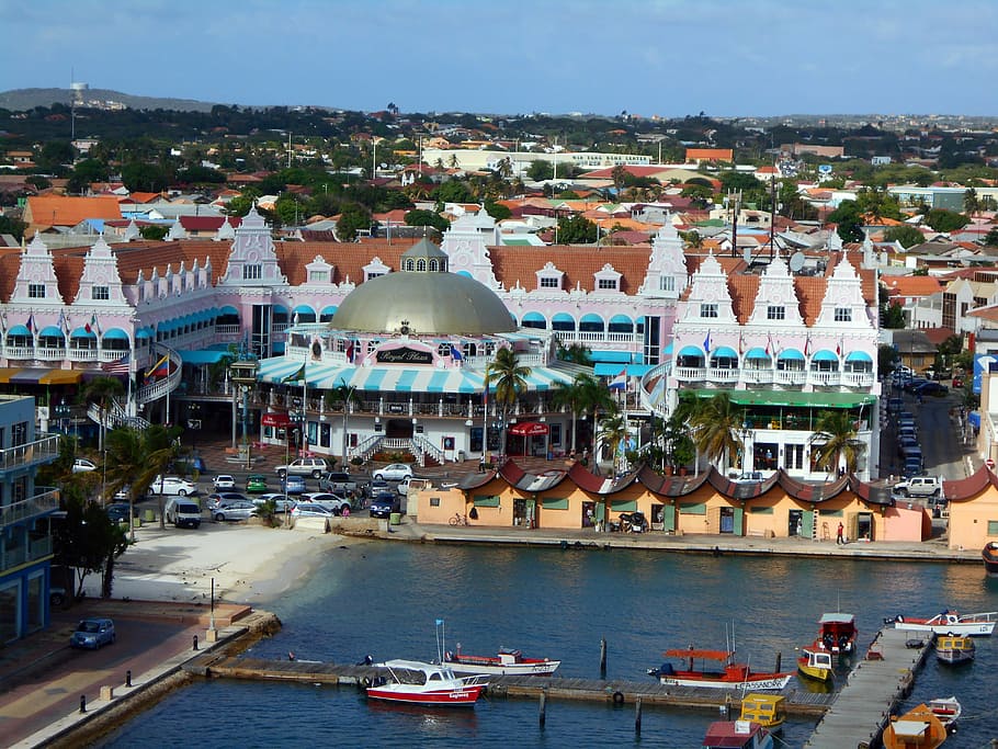 top view of boats beside wooden dock, aruba, caribbean, shopping
