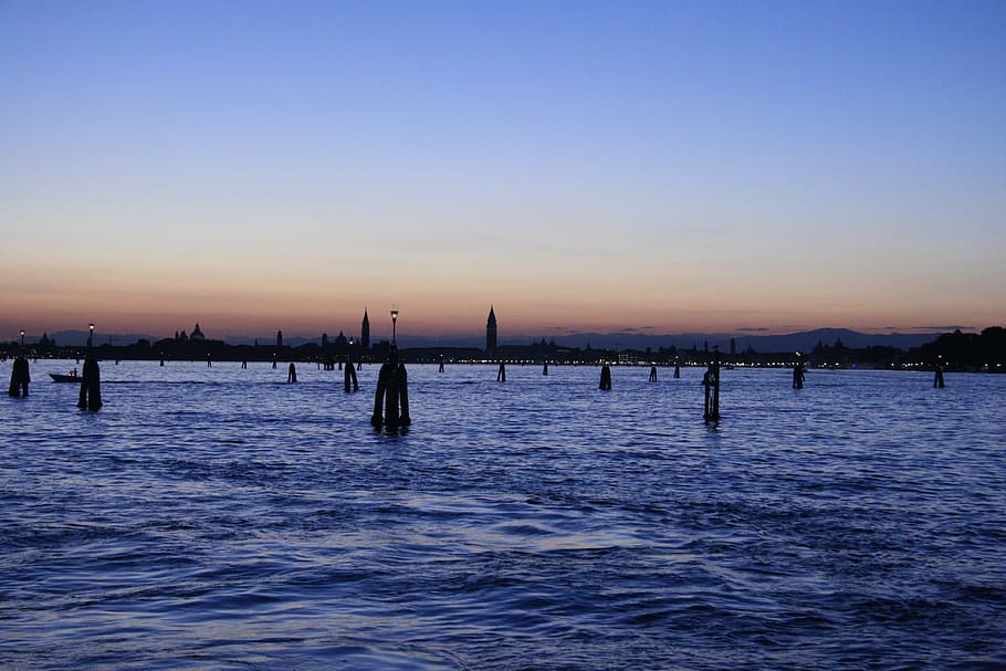 water, italy, venice, setting sun, shackles, sky, sunset, scenics - nature, HD wallpaper