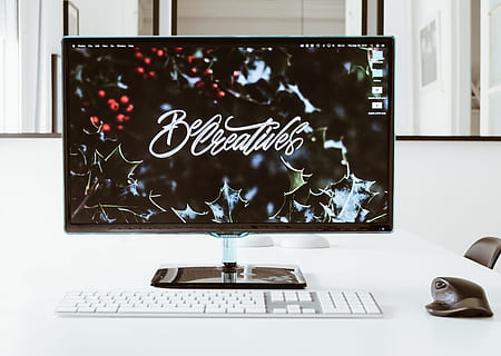 flat screen computer monitor turned on, black flat screen monitor and white magic keyboard HD wallpaper