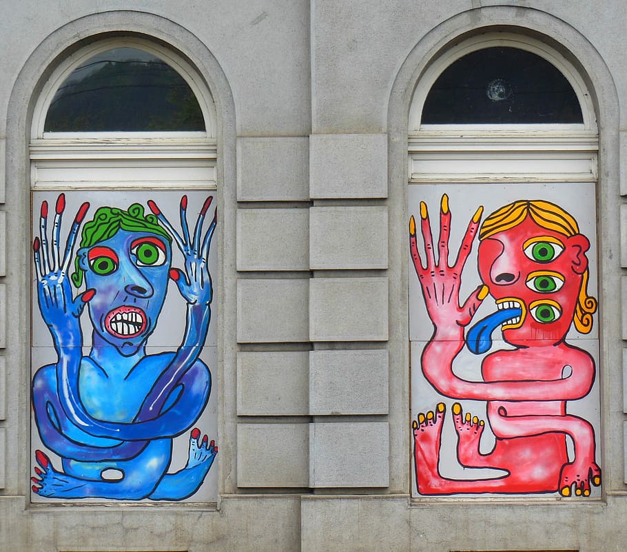 prague, old town, window, graffiti, hauswand, czech republic HD wallpaper