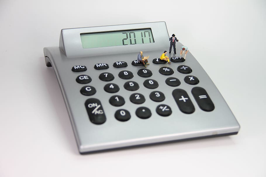 calculator, number, miniature figures, mathematics, sum, subtraction, HD wallpaper