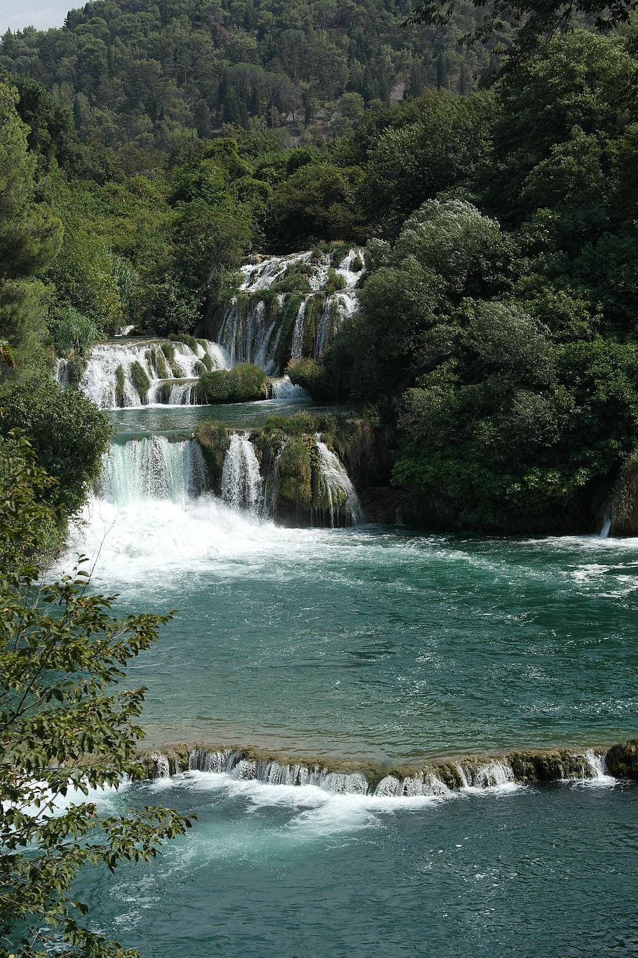 falls, blue, summer, nature, waterfall, river, scenics, forest HD wallpaper