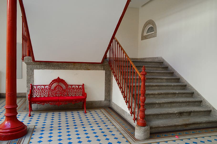 red steel bench near stair, red bench near gray and white stairs HD wallpaper