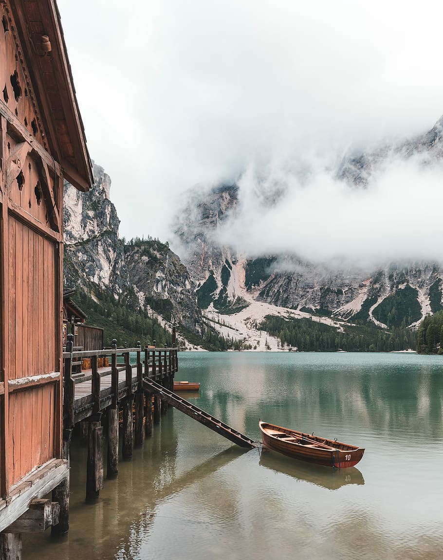 The Boathouse, brown wooden boat near ladder and dock during daytime HD wallpaper
