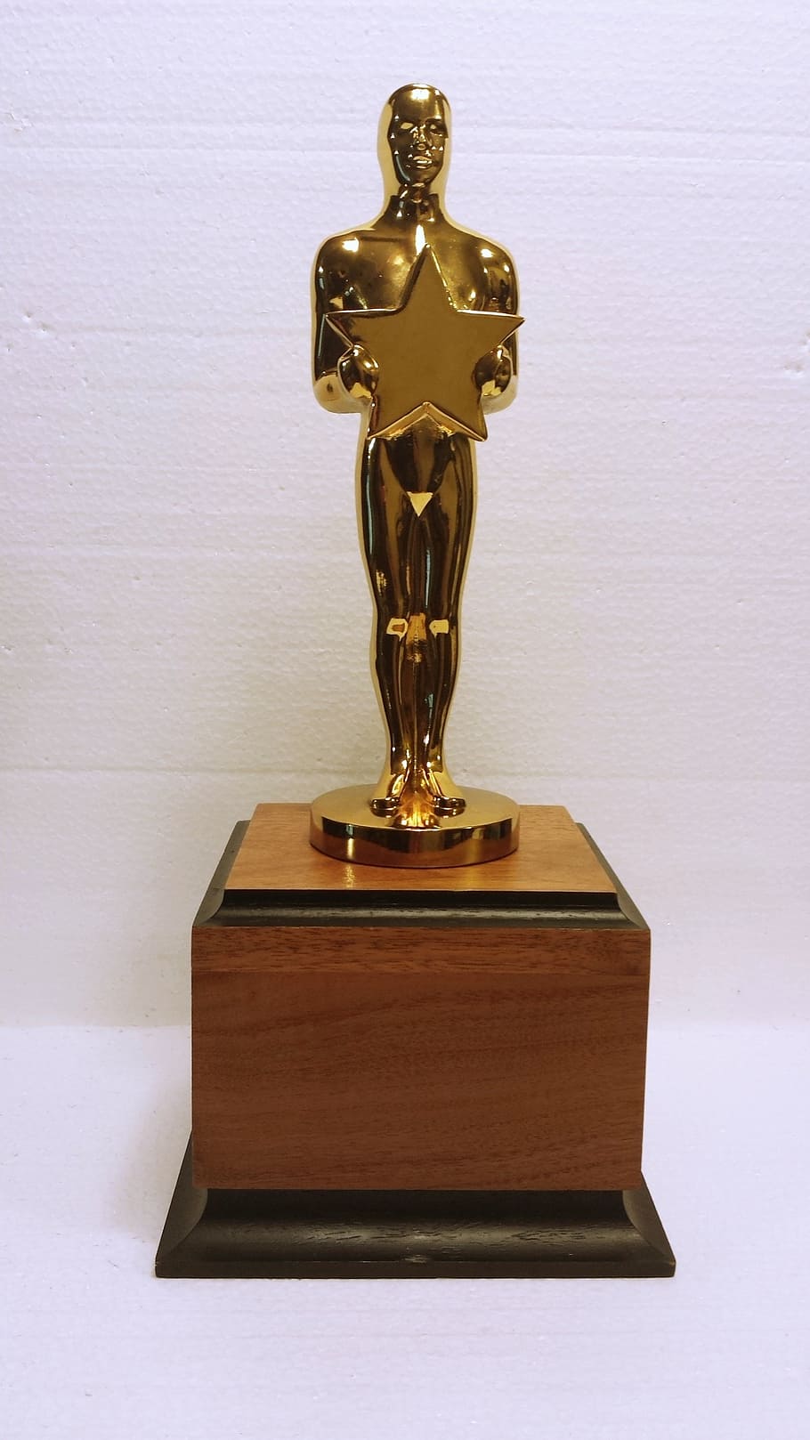 man holding star gold trophy on brown wooden base, the oscars