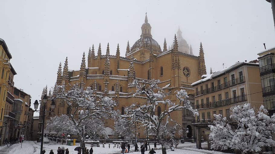 segovia, cathedral, main square, winter, snow, architecture, HD wallpaper