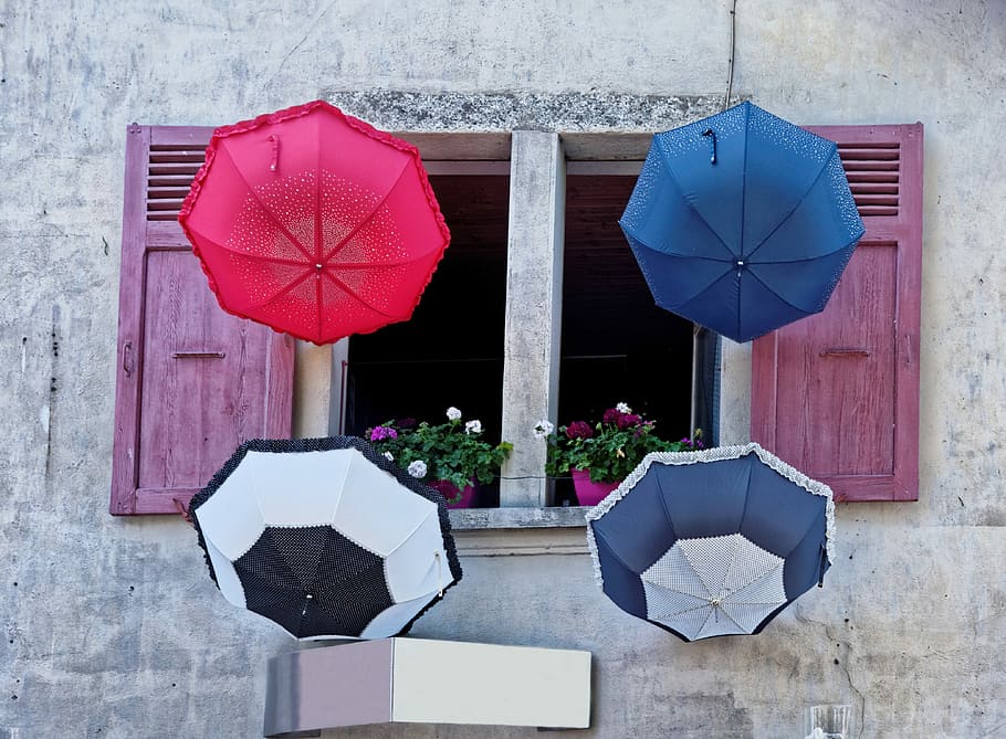 Umbrellas, Window, Colorful, Red, Blue, black, white, architecture HD wallpaper