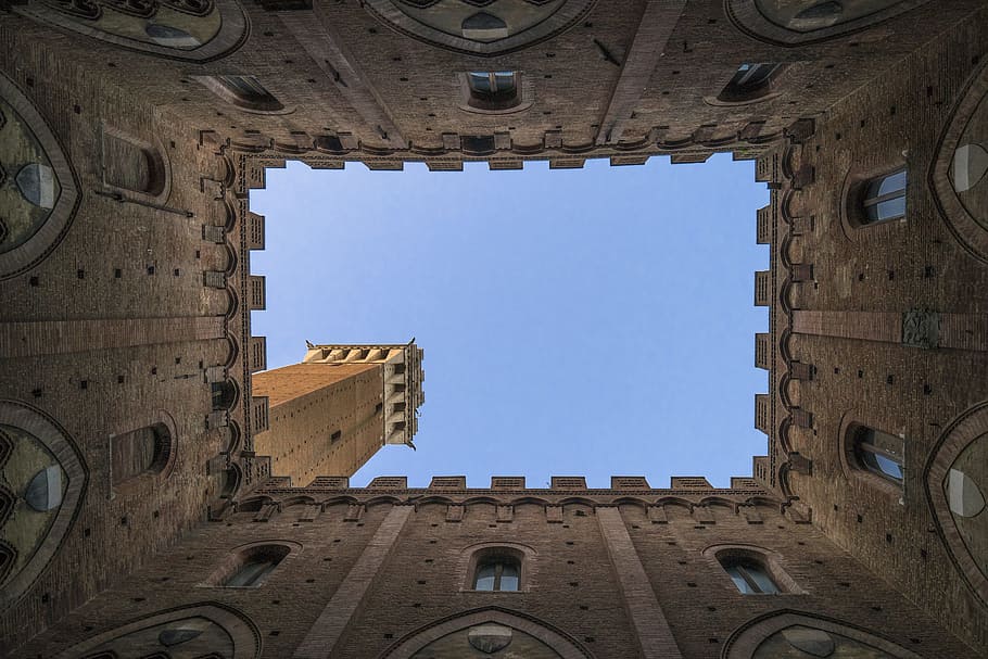 low angle photography of concrete structure, architectural photography of brown building HD wallpaper