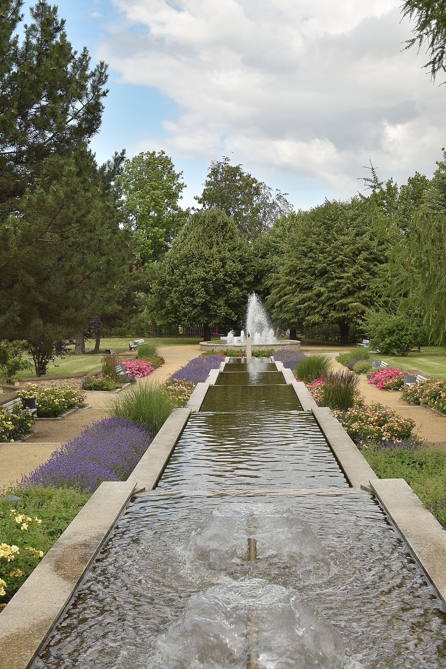park, water, water feature, flowers, walk, green area, plant