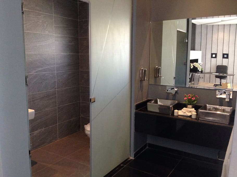 sink beside bathroom, home, sinks, toilet, interior, design, mirror, HD wallpaper