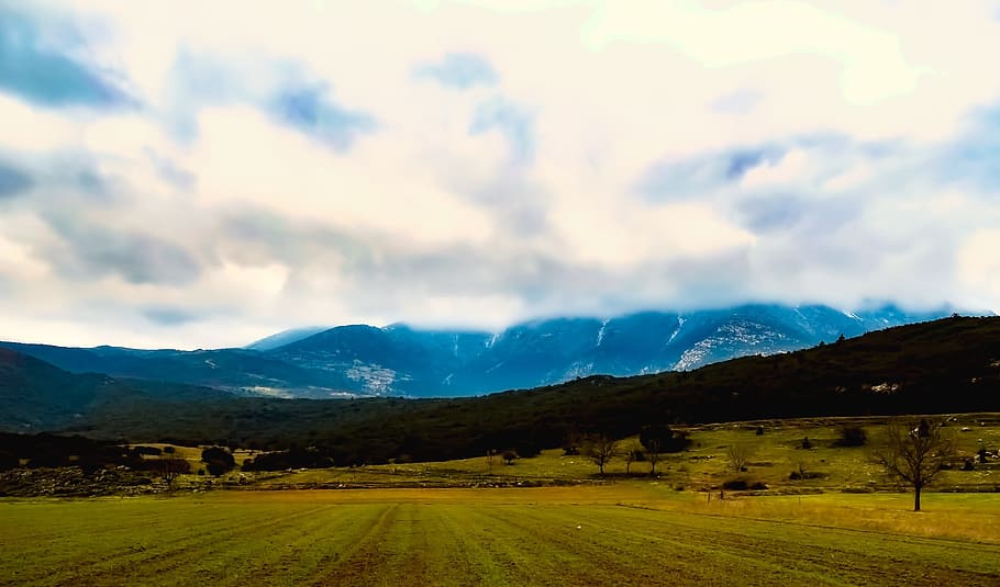 greece, sky, clouds, panorama, mountains, snow, trees, woods HD wallpaper
