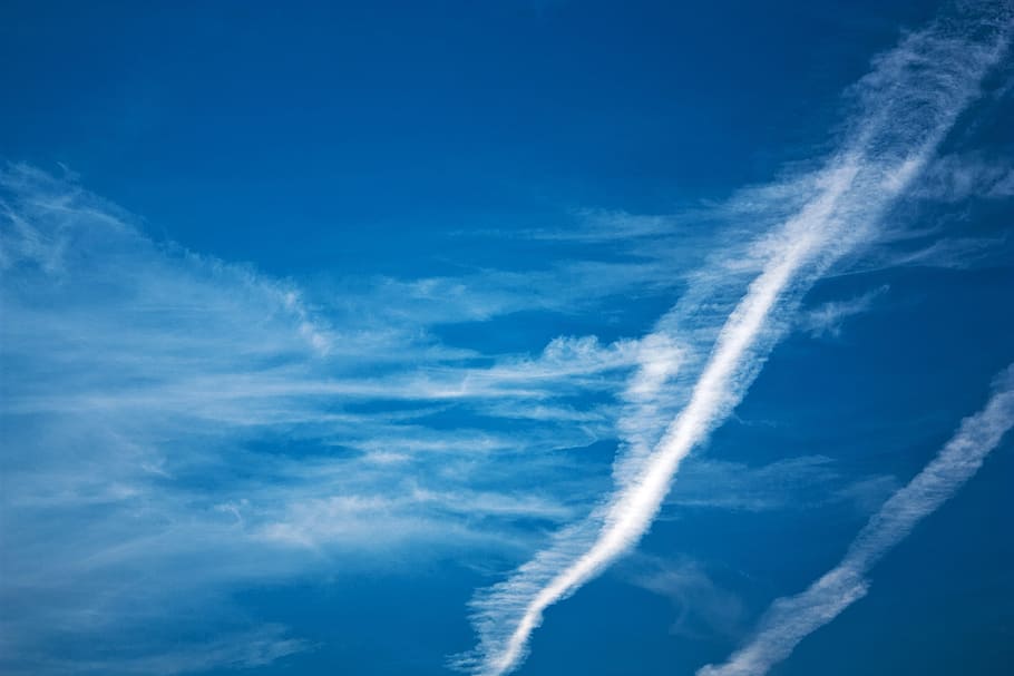 sky, clouds, blue, contrail, clear, cloud - sky, vapor trail HD wallpaper