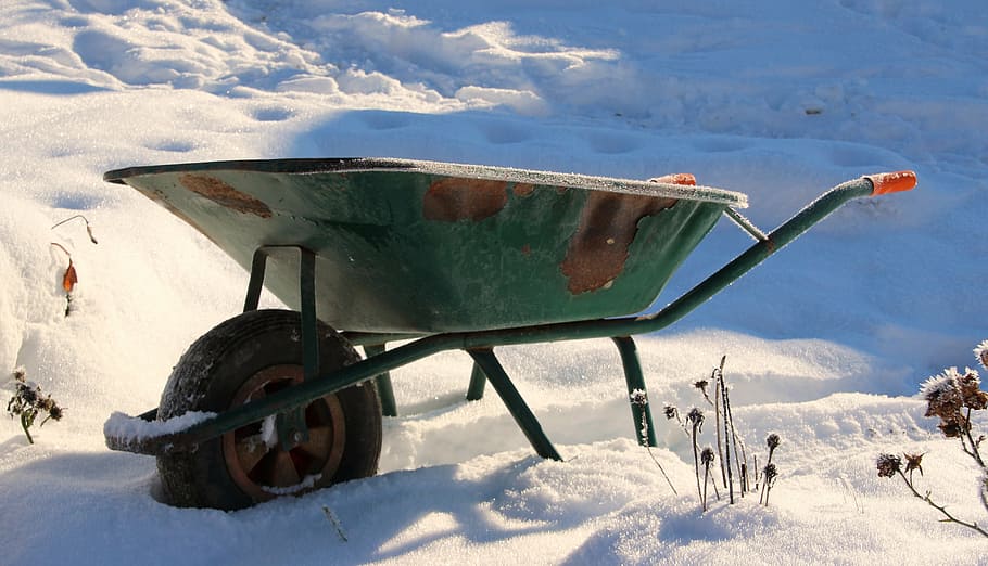 wheelbarrow, old, rusty, snow, garden, winter, outdoors, nature HD wallpaper