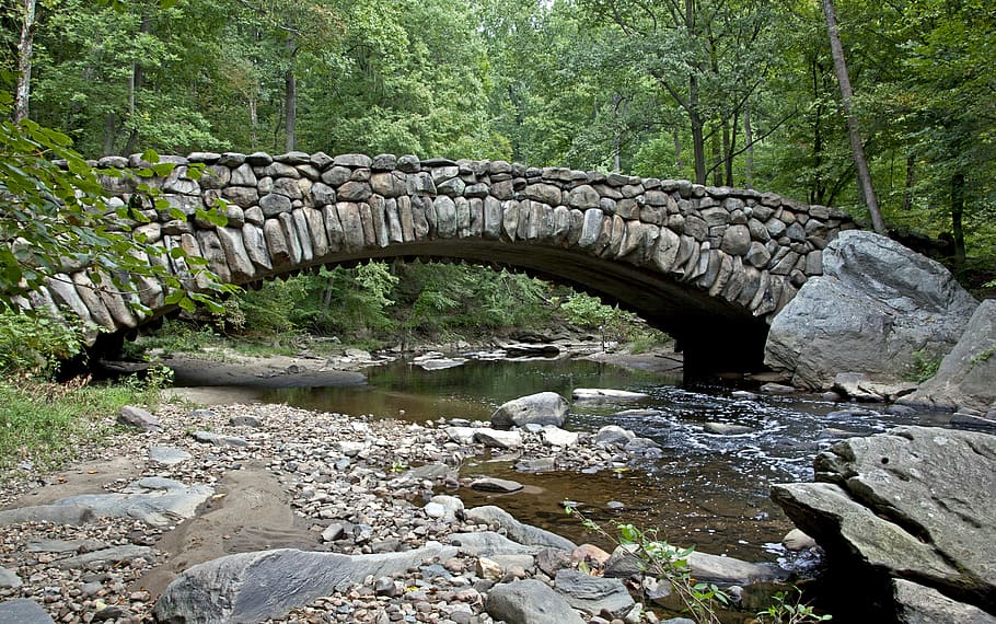 brown and grey stone bridge during daytime, stream, creek, landscape HD wallpaper